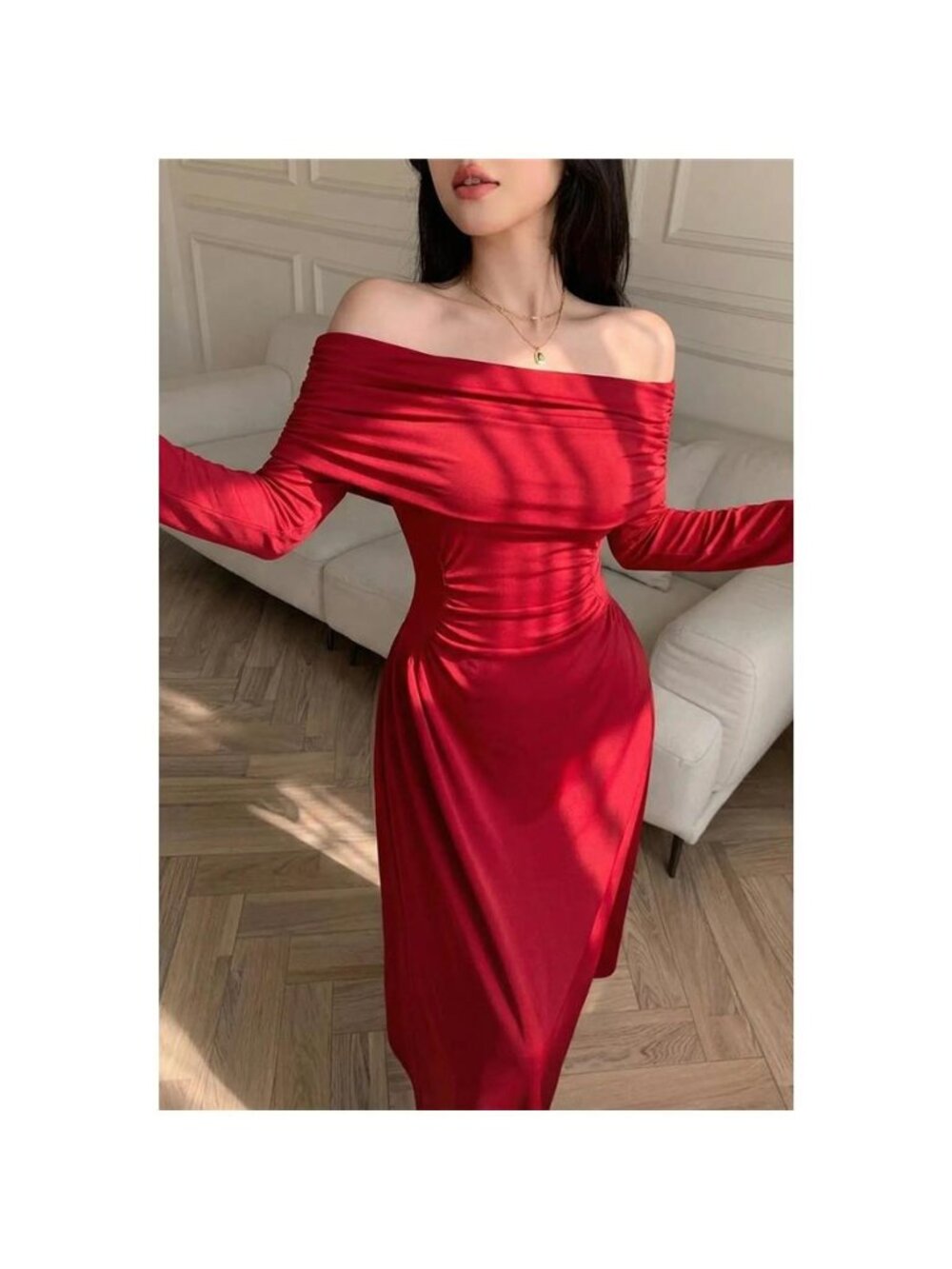 Off-Shoulder Ruched Bodycon Maxi Dress - Picture 2 of 8